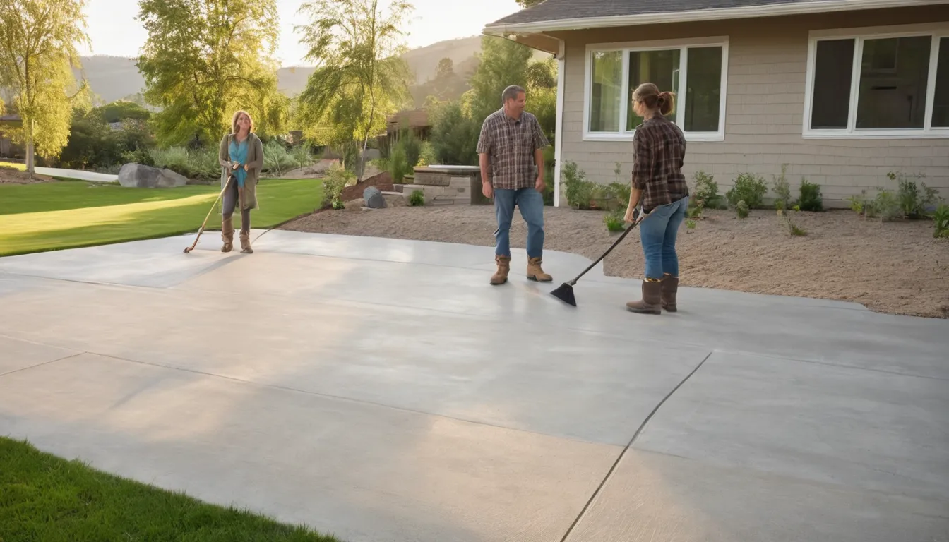 New concrete patio behind a home in the Cedar Lake area with outdoor chairs and a grill