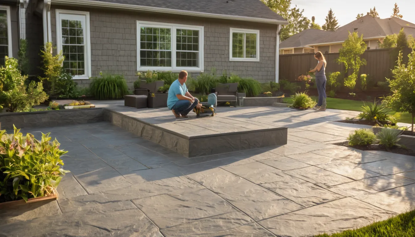 Stamped concrete patio with a slate pattern behind a home in Cedar Lake